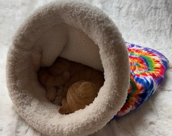 Pet Bed, Snuggle Den, Tie Die, Multi Color, Sleeping Bag, Den, burrow bed. dog sleeping bag, snuggle sacks, cave beds