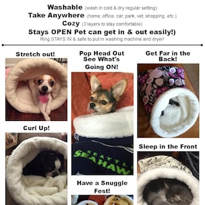 May include: Promotional image for Snuggle Den pet beds. The image shows small dogs inside the beds, demonstrating their use. Text on the image highlights features like washability and portability, and the beds are described as cosy.