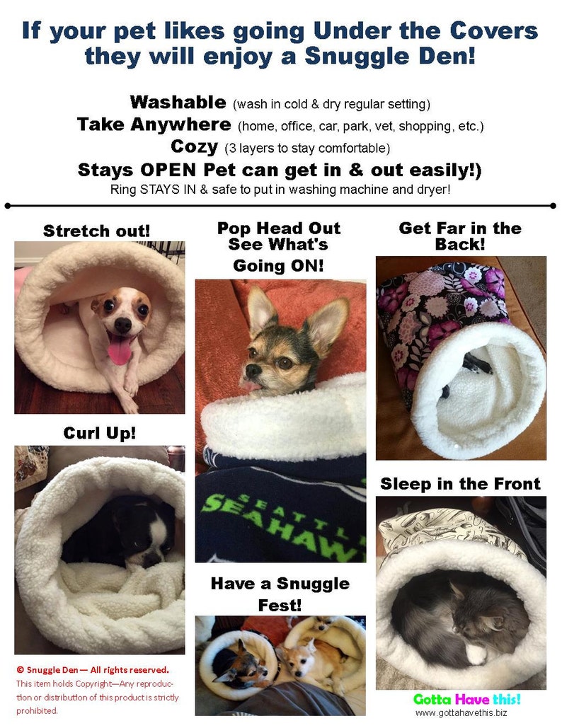 May include: Promotional image for Snuggle Den pet beds. The image shows small dogs inside the beds, demonstrating their use. Text on the image highlights features like washability and portability, and the beds are described as cosy.