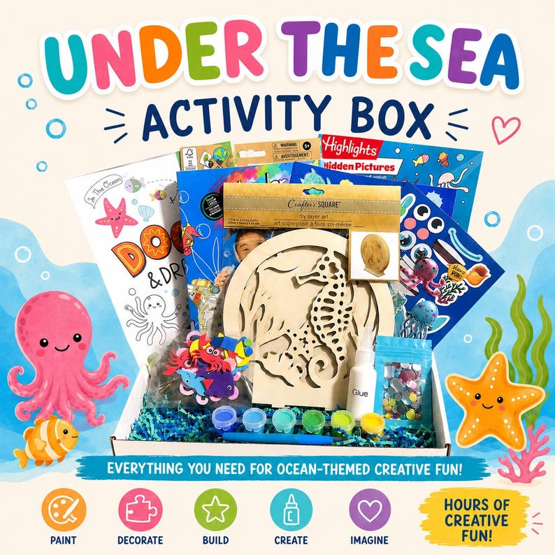 May include: An Under The Sea Activity Box containing various craft supplies, including a wooden seahorse cutout, a bottle of glue, small paint pots, colorful foam shapes, and activity books. The box features the text Under The Sea Activity Box.