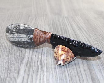 Orthoceras Fossil Handle Obsidian Blade Ornamental Knife #8163  Mountain Man Knife