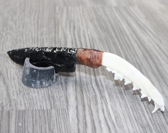 Red Fox Jaw Handle Obsidian Blade Ornamental Knife #8264  Mountain Man Knife