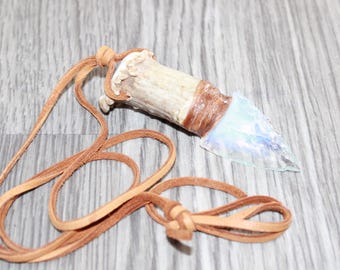 Antler Crown Handle  Opalite Blade Knife Necklace  #16767  Mountain Man Necklace