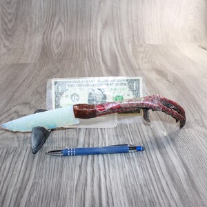 May include: A distinctive knife with a pale blue blade and a handle made from a bird's foot, with brown and red detailing. A blue pen and a one-dollar bill are also visible in the image.