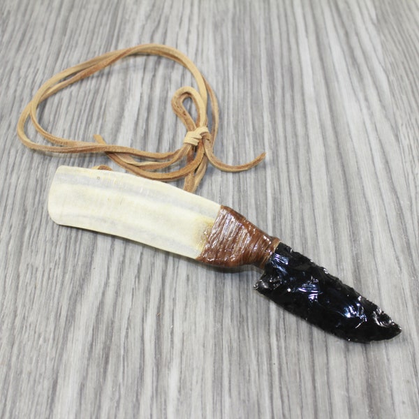 Moose Antler Handle Obsidian Blade Knife Necklace  #0544 Mountain Man Necklace