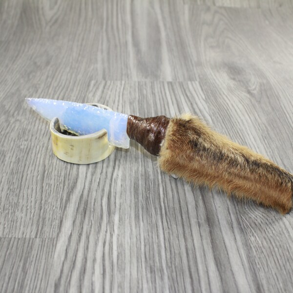 Fur-on Coyote Bone Handle Opalite Blade Ornamental Knife #9644 Mountain Man Knife