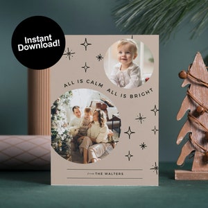 Tutto è calmo - Tutto è luminoso - Bellissimo modello di biglietto di auguri a due lati, modello di biglietto fotografico Canva - Download immediato