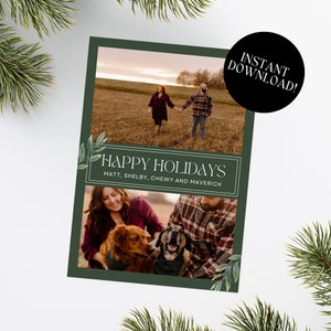 Modello di biglietto di Natale, bellissimo modello di biglietto di auguri verde oliva - biglietto fotografico verticale DOWNLOAD IMMEDIATO, modello 5x7 - modifica in Canva