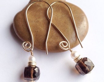 Smokey Quartz Gold Filled Earrings, Pearl Accent, Brown Jewelry