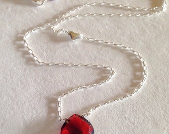 Garnet necklace with heart, sterling silver, Valentine's Day, heart necklace, love