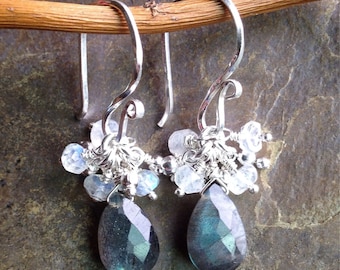 Labradorite Briolette and Moonstone Sterling Silver Earrings