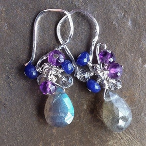 Labradorite earrings with amethyst, sapphire, and quartz crystal. Sterling silver, handmade jewelry, gemstone jewelry