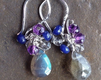 Labradorite earrings with amethyst, sapphire, and quartz crystal. Sterling silver, handmade jewelry, gemstone jewelry