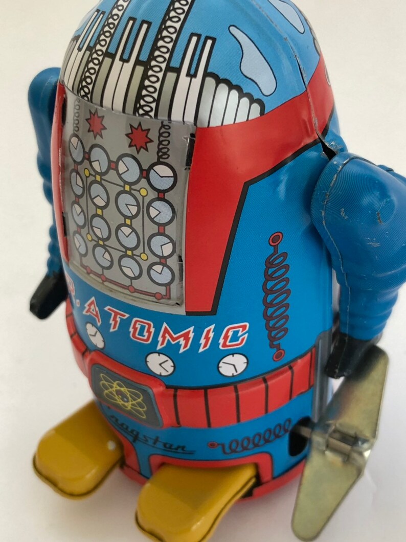 ATOMIC ROBOT Windup Tin Toy Blue Schylling HaHa Toys CRAGSTAN MR USA Seller 