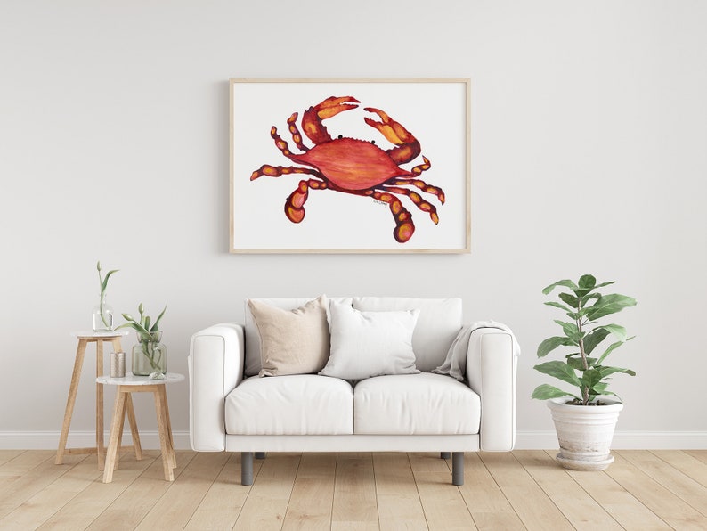 Blue Crab, coastal, Maryland, nautical, large watercolor wall art print, Crab Art, Crab Print image 3