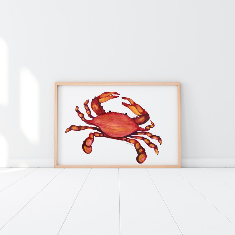 Blue Crab, coastal, Maryland, nautical, large watercolor wall art print, Crab Art, Crab Print image 1