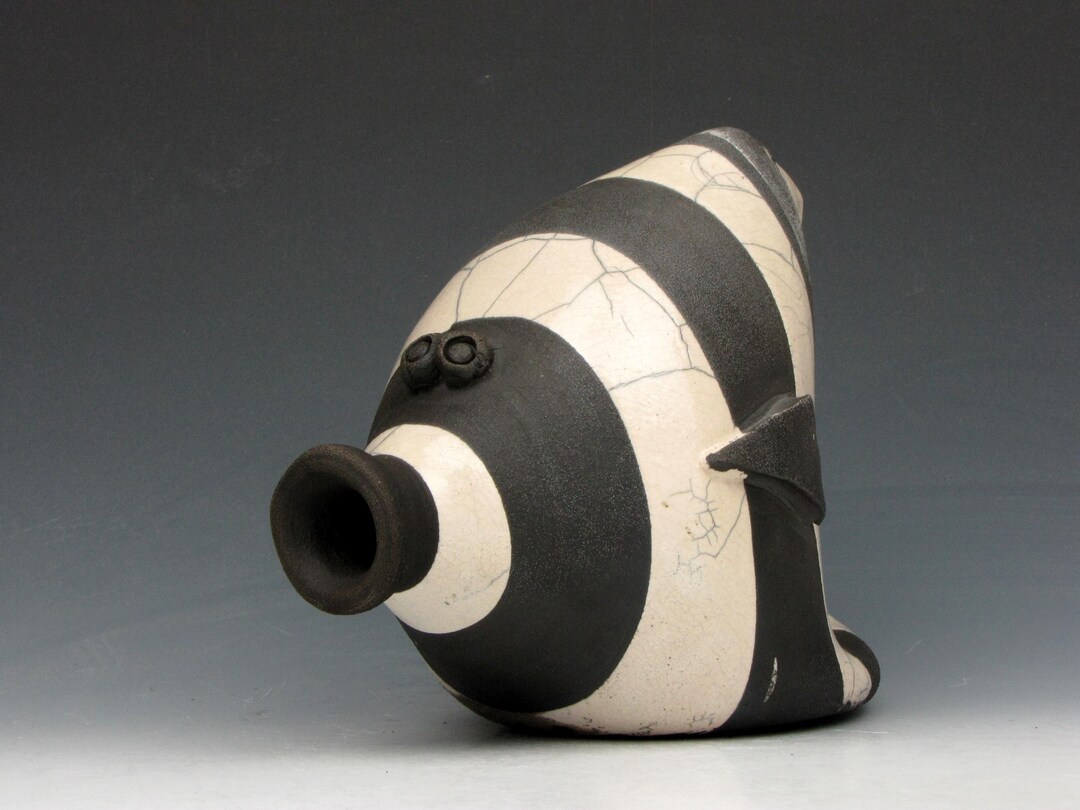Beautiful Raku Fish - Fun - Black and White - Striped - Raku - 5