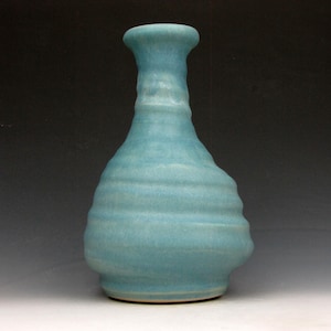 May include: A handcrafted, light blue ceramic vase with a textured, ridged surface. The vase has a rounded base, a slender neck, and a flared rim. The overall shape is organic and asymmetrical, suitable for home decor.