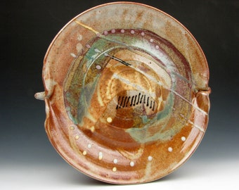 Plate - Platter - Dish - Pinched Handles - Abstract  - Decorated - 1.5" x 12.5" x 12.5" - Goneaway Pottery - (P5763)