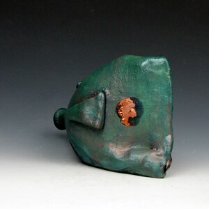 Raku Fish Fun Turquiose and Copper Mask Raku 4 x 3 x 6 Goneaway Pottery F111 image 4