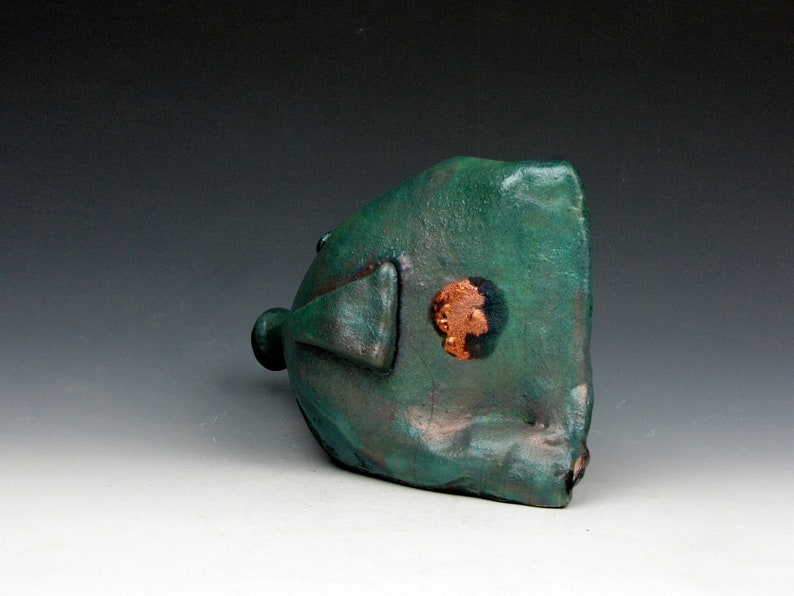 Raku Fish Fun Turquiose and Copper Mask Raku 4 x 3 x 6 Goneaway Pottery F111 image 4