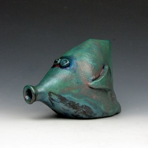 Raku Fish Fun Turquiose and Copper Mask Raku 4 x 3 x 6 Goneaway Pottery F111 image 1