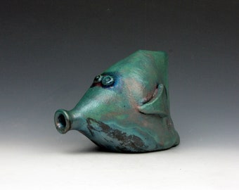 Raku Fish - Fun - Turquiose and Copper - Mask - Raku - 4" x 3" x 6" - Goneaway Pottery - (F111)