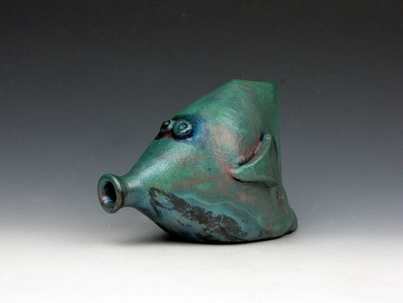 Raku Fish Fun Turquiose and Copper Mask Raku 4 x 3 x 6 Goneaway Pottery F111 image 1