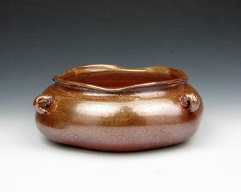 Wavy Rimmed Vessel - Low Vessel - Shino Pot - Fired on Shells - 3.5" x 8.5" x 9.5" - Goneaway Pottery - (V2704)