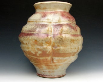 Vessel with Ridges - Shino - Vase - Shiny - Multi-colored - Gold Luster Shino - 8.5" x 7.5" x 7.5" - Goneaway Pottery - (V5636)