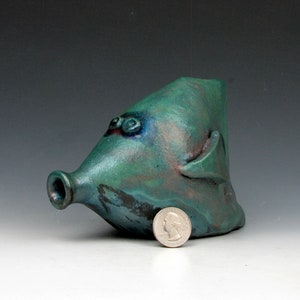 Raku Fish Fun Turquiose and Copper Mask Raku 4 x 3 x 6 Goneaway Pottery F111 image 2