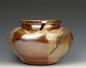 Wide Vessel with Split Rim - Shino - Vase - Shiny - Gold Luster Shino - 4.5" x 6" x 6" - Goneaway Pottery - (V4249)