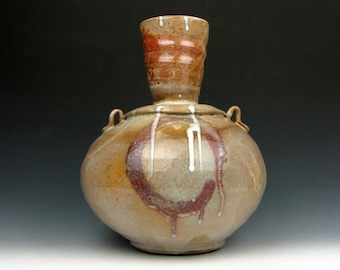 Bottle - "Funnel pot" - Altered - Two Handles - Gold Luster Shino - Vase - 10.5" x 7.5" x 7.5" - Goneaway Pottery - (V6267)