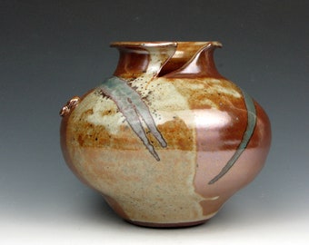 Wide Vessel with Split Rim - Shino - Vase - Shiny - Gold Luster Shino - 5.5" x 6" x 6" - Goneaway Pottery - (V3964)
