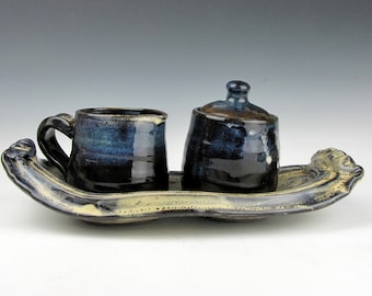 Creamer Set - Sugar - Milk - Cream - Tray - Serving - 4" x 10.5" x 5.5" - Goneaway Pottery - (C9766)