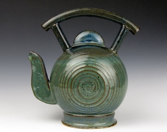 Large Blue/Green Tea Pot - 9" x 7.5" x 4" - 28 oz. - Goneaway Pottery - (TE9429)