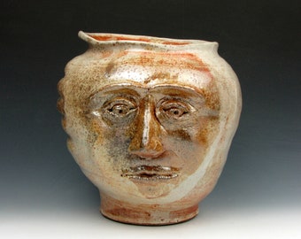 Face Jug "Vern" - Vase - Face Pot - Gold Luster Shino - Stoneware - 8" x 7" x 8" Goneaway Pottery - (FC5647)