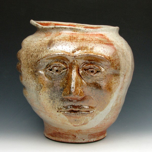 Face Jug "Vern" - Vase - Face Pot - Gold Luster Shino - Stoneware - 8" x 7" x 8" Goneaway Pottery - (FC5647)