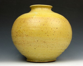 Große Vase - Gefäß - Kugelförmig - Gelb - Sprenkel - 7,5" x 8" x 8" - Goneaway Pottery - (V5975)