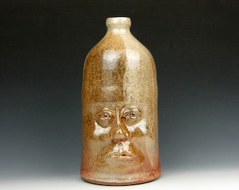 Face Jug "Ron" - Vase - Gold Luster Shino - Stoneware - 9" x 4.5" x 5" Goneaway Pottery - (FC3918)