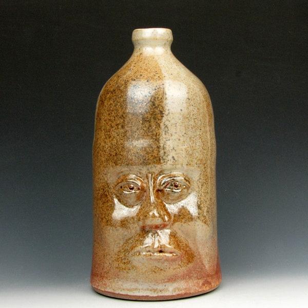 Face Jug "Ron" - Vase - Gold Luster Shino - Stoneware - 9" x 4.5" x 5" Goneaway Pottery - (FC3918)