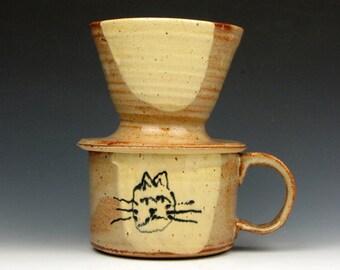 Pour Over Set - Ceramic Mug - Cat - Coffee Cup - 6.5" x 6" x 5" - 15 oz - Goneaway Pottery - (PO4659)