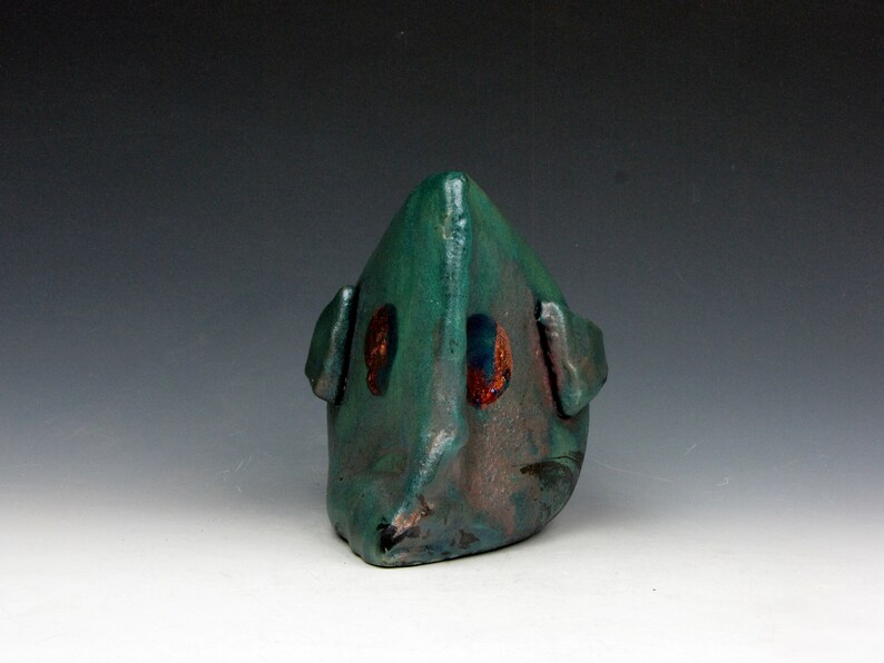 Raku Fish Fun Turquiose and Copper Mask Raku 4 x 3 x 6 Goneaway Pottery F111 image 5