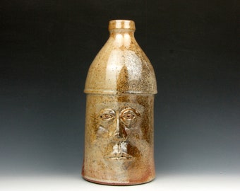 Face Jug "Will" - Vase - Gold Luster Shino - Stoneware - 9.5" x 4.5" x 5" Goneaway Pottery - (FC3907)