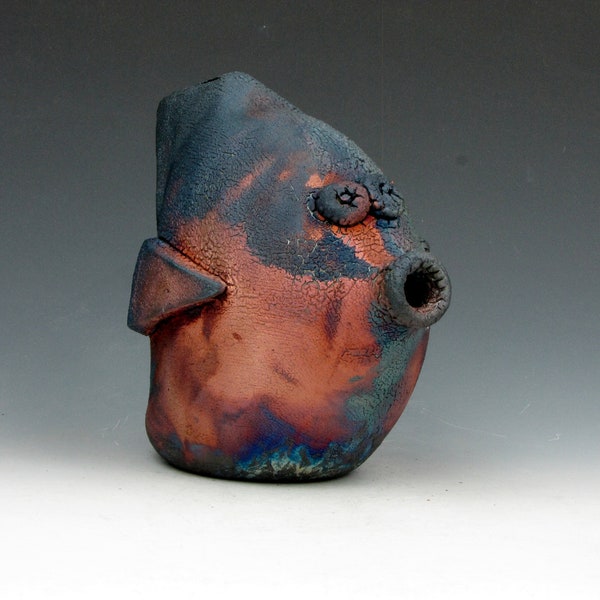 Raku Fish - Fun - Multi-colored - Raku - 5" x 3.5" x 5" - Goneaway Pottery - (F139)