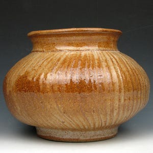 May include: A handcrafted ceramic vase with a rounded body and a slightly flared rim. The vase has a warm, earthy color with vertical textured lines, and measures approximately 8 inches in height.