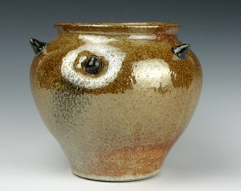 Vase - Horns - Buttons - Shino - Stoneware - Gold Luster Shino - Altered - 5.5" x 6" x 6" - Goneaway Pottery - (V8977)