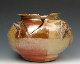 Wide Vessel with Split Rim - Shino - Vase - Shiny - Gold Luster Shino - 5.5" x 7" x 7" - Goneaway Pottery - (V4304)