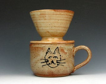 Pour Over Set - Ceramic Mug - Cat - Coffee Cup - 6" x 6" x 4.5" - 15 oz - Goneaway Pottery - (PO5071)