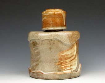 Flask - Shot Glass Lid - Cork - Gold Luster Shino - Whiskey - 6" x 5" x 3" - Goneaway Pottery - (FL2437)